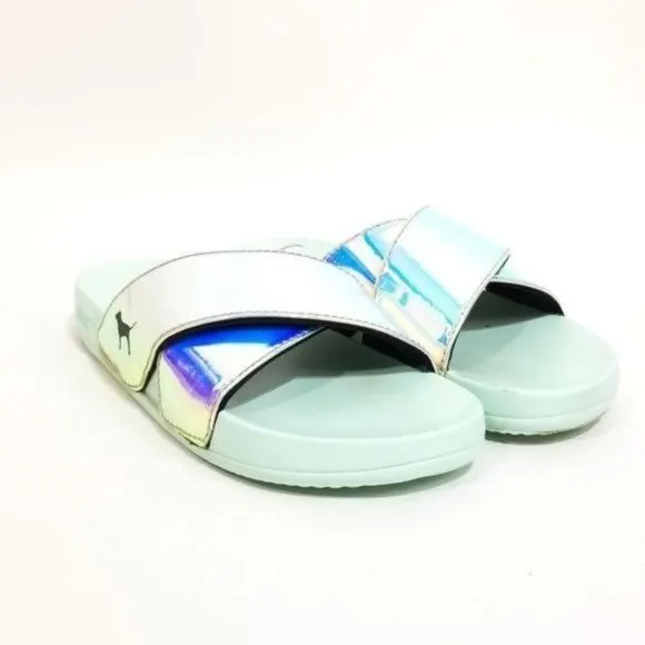 PINK Victorias Secret Iridescent Slides Criss Cross Sandals Size 7 M