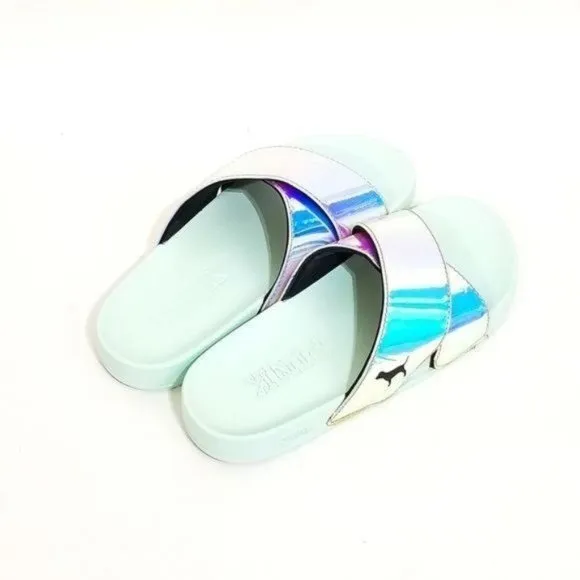 PINK Victorias Secret Iridescent Slides Criss Cross Sandals Size 7 M