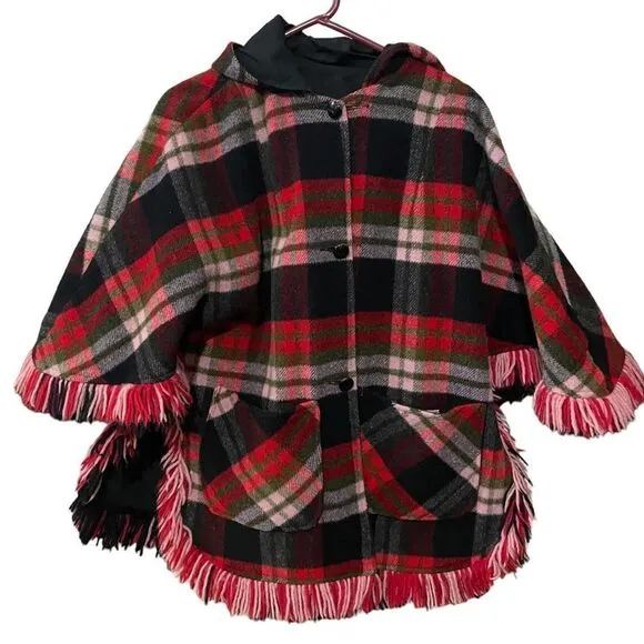 Pioneer Wear RARE Reversible Riding Poncho Wool Red Buffalo Plaid Waterproof