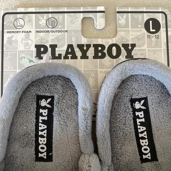 Playboy Logo Memory Foam Indoor Outdoor Grey Slippers Slides Size Large 11-12