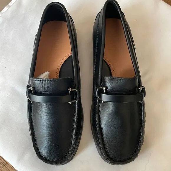 PLINER JRS BLACK LEATHER LOAFERS.  METAL/LEATHER BUCKLE DETAILS.  NEW IN…