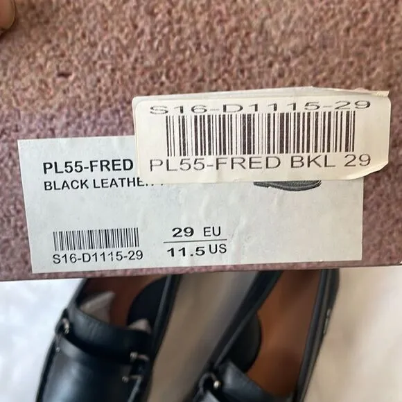 PLINER JRS BLACK LEATHER LOAFERS.  METAL/LEATHER BUCKLE DETAILS.  NEW IN…