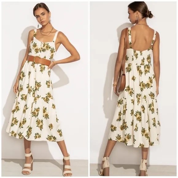 POLAGRAM Off White Floral Tiered Midi Dress
