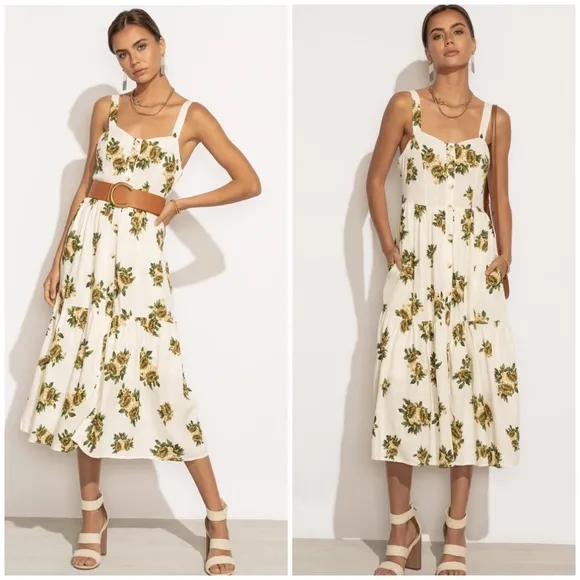POLAGRAM Off White Floral Tiered Midi Dress