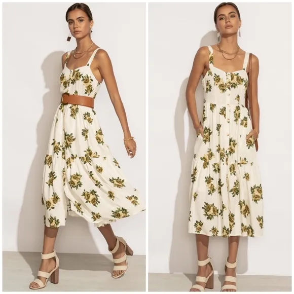 POLAGRAM Off White Floral Tiered Midi Dress