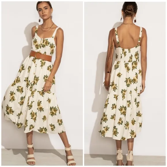 POLAGRAM Off White Floral Tiered Midi Dress
