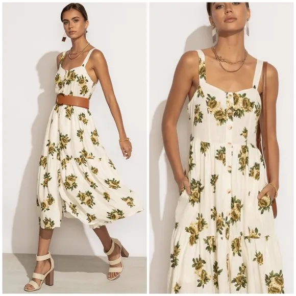 POLAGRAM Off White Floral Tiered Midi Dress