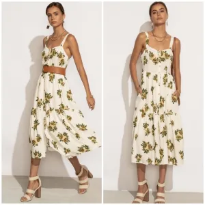 POLAGRAM Off White Floral Tiered Midi Dress