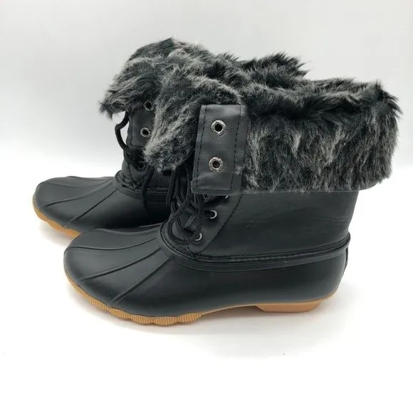 Polar Womens Duck Boots Faux Fur Lined Lace Up Fold Over Black Size 6