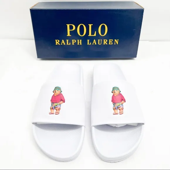 POLO Ralph Lauren CAYSON BEACH BEAR POOL SLIDES WHITE