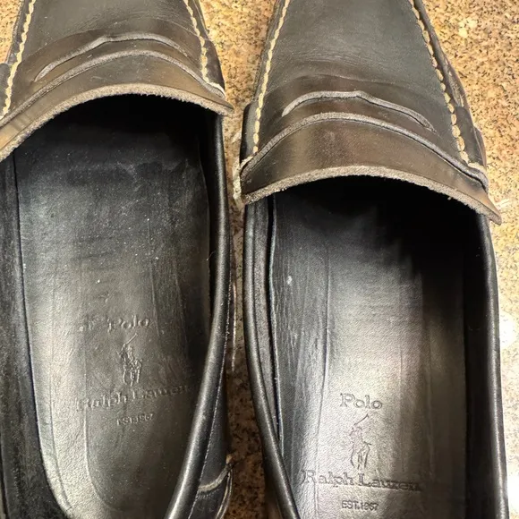 Polo Ralph Lauren men’s black leather Penny loafers made in Brazil size 9D‎