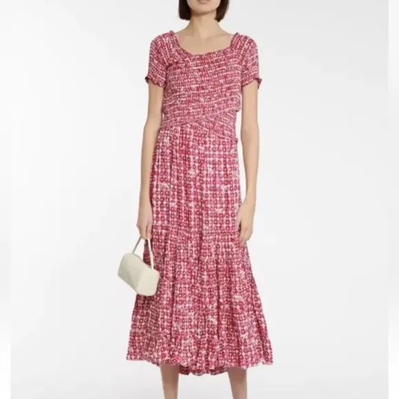 Poupette St. Barth Soledad Smocked Pink Midi Dress NWOT