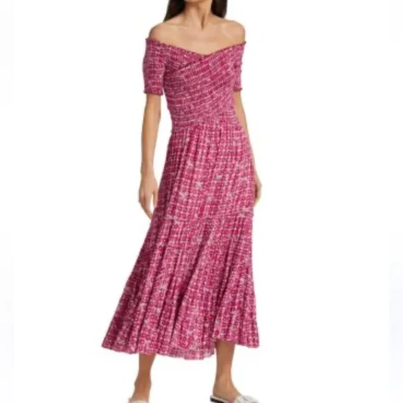 Poupette St. Barth Soledad Smocked Pink Midi Dress NWOT