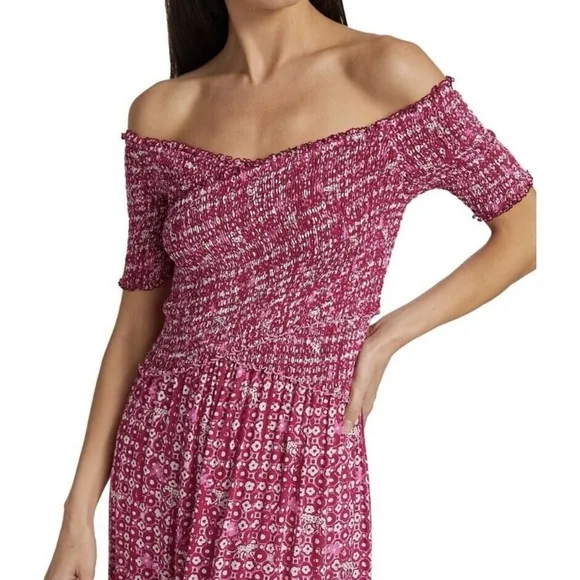 Poupette St. Barth Soledad Smocked Pink Midi Dress NWOT