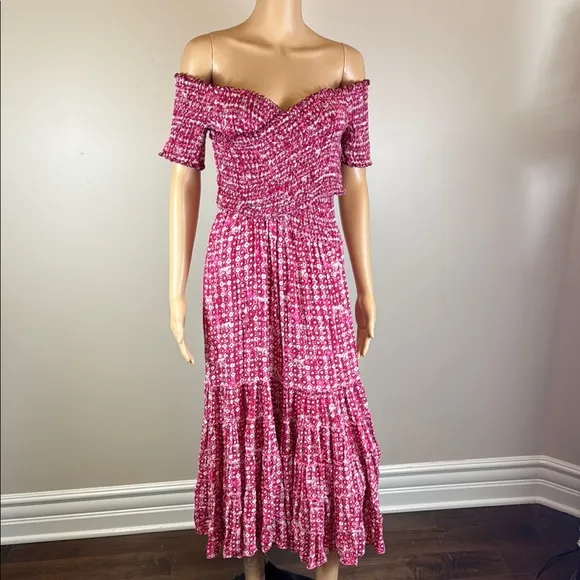 Poupette St. Barth Soledad Smocked Pink Midi Dress NWOT