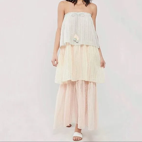 PQ Swim Golden Hour Briar Maxi Dress Swim Cover Strapless Block Tiers Pleated