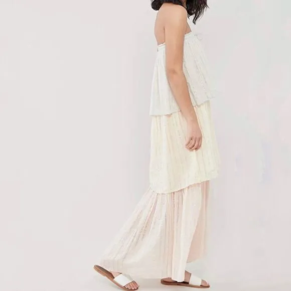 PQ Swim Golden Hour Briar Maxi Dress Swim Cover Strapless Block Tiers Pleated