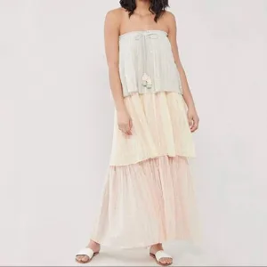 PQ Swim Golden Hour Briar Maxi Dress Swim Cover Strapless Block Tiers Pleated