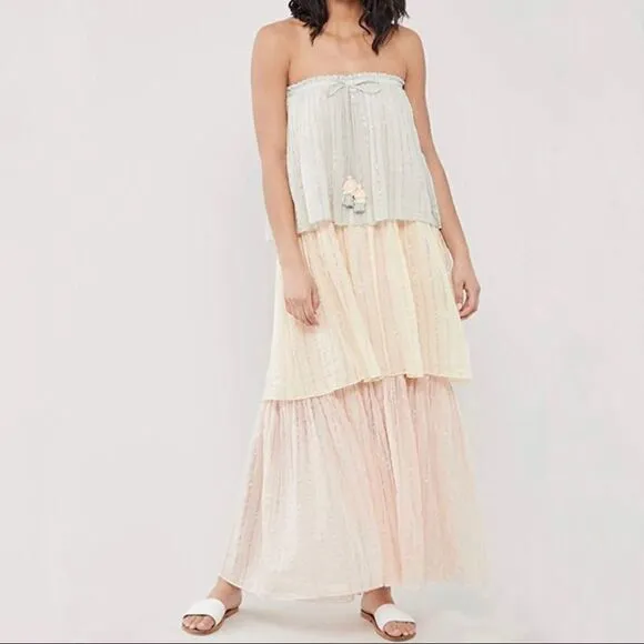 PQ Swim Golden Hour Briar Maxi Dress Swim Cover Strapless Block Tiers Pleated