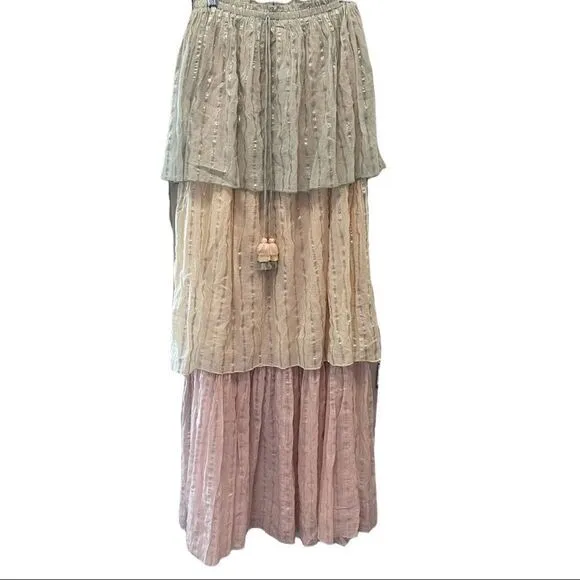 PQ Swim Golden Hour Briar Maxi Dress Swim Cover Strapless Block Tiers Pleated