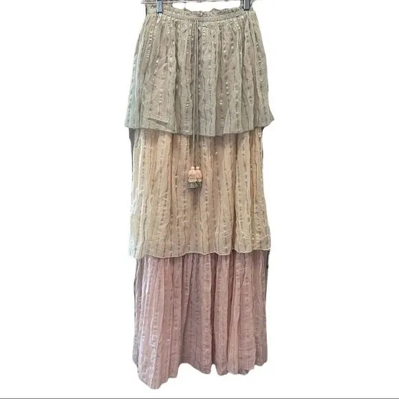 PQ Swim Golden Hour Briar Maxi Dress Swim Cover Strapless Block Tiers Pleated