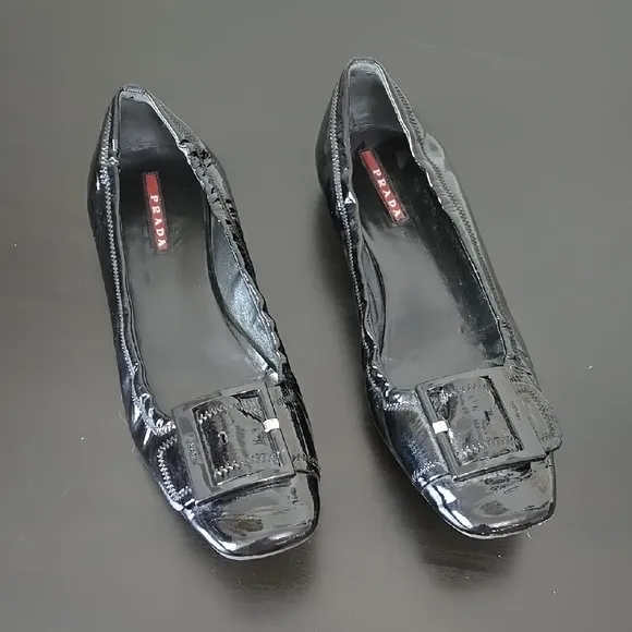 Prada Black Patent Leather Women's Shoes Flats Buckle Details Shoe Size 39.5