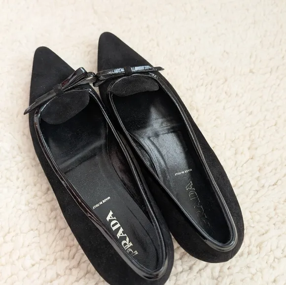 Prada Black Velvet Leather Bow Detail Pointed Toe Flats
