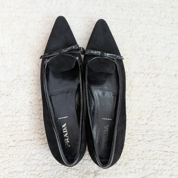 Prada Black Velvet Leather Bow Detail Pointed Toe Flats