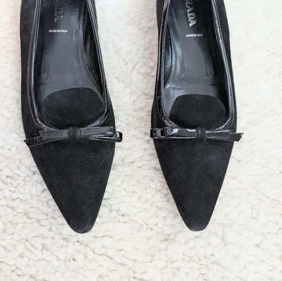 Prada Black Velvet Leather Bow Detail Pointed Toe Flats
