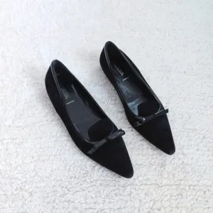 Prada Black Velvet Leather Bow Detail Pointed Toe Flats