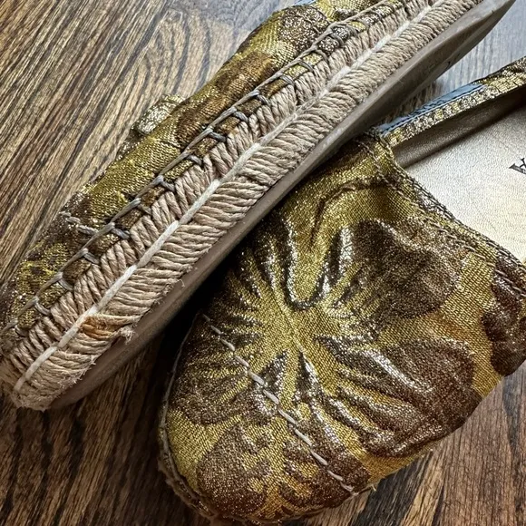 Prada Cloquet Ibiscus Gold Floral Embroidered Espadrille Flats Shoes- Size 37.5