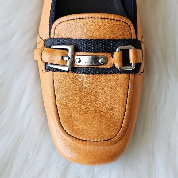 Prada Italian Made Orange Leather Nappa Stretch Loafers Buckle Shoes Flats Sz 40