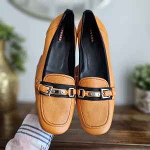 Prada Italian Made Orange Leather Nappa Stretch Loafers Buckle Shoes Flats Sz 40