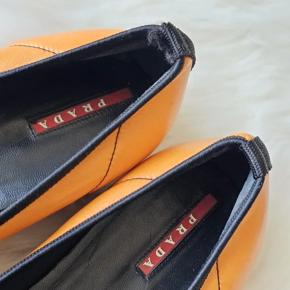 Prada Italian Made Orange Leather Nappa Stretch Loafers Buckle Shoes Flats Sz 40