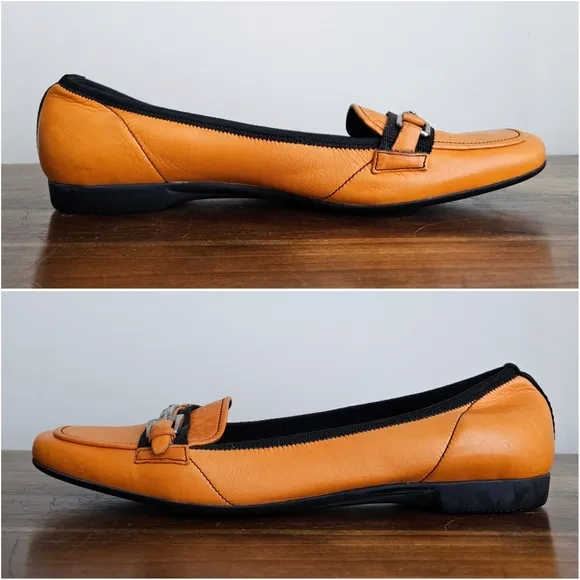 Prada Italian Made Orange Leather Nappa Stretch Loafers Buckle Shoes Flats Sz 40