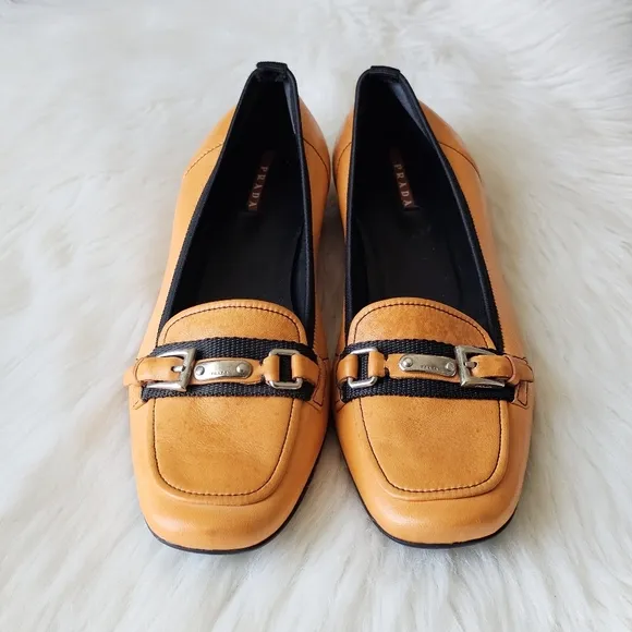 Prada Italian Made Orange Leather Nappa Stretch Loafers Buckle Shoes Flats Sz 40
