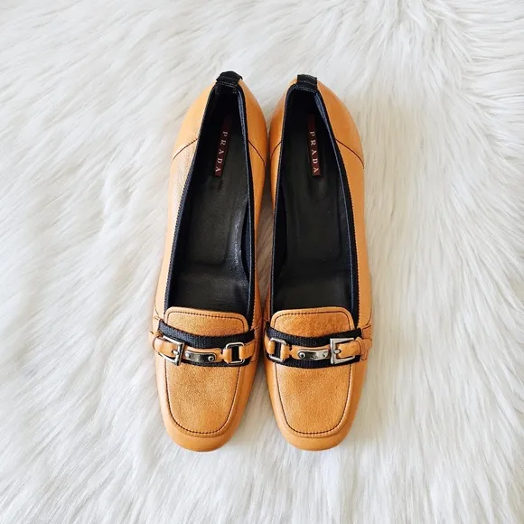 Prada Italian Made Orange Leather Nappa Stretch Loafers Buckle Shoes Flats Sz 40