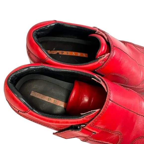 PRADA Sport Size 8.5 Red Leather Hook &amp; Loop Loafers