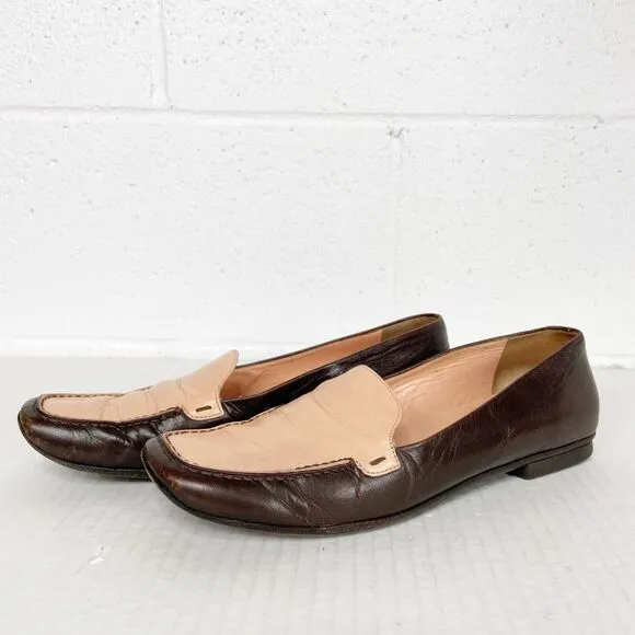 Prada Vintage Slip On Leather Loafers Pink Brown Two Tone Womens Size 38