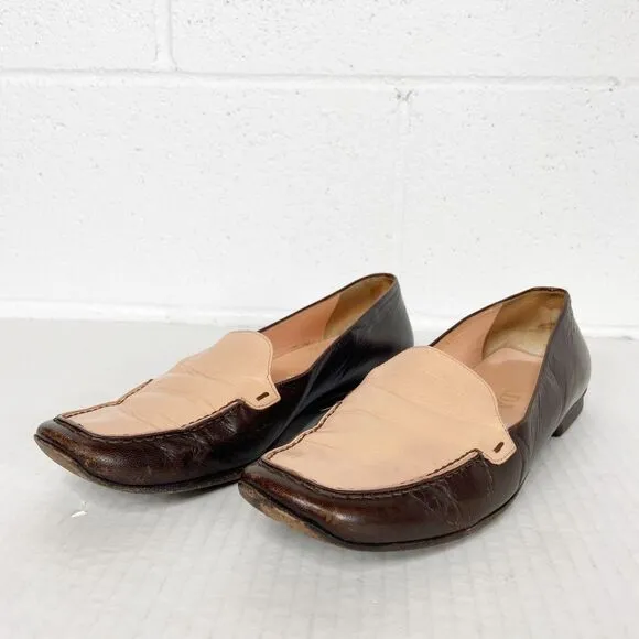 Prada Vintage Slip On Leather Loafers Pink Brown Two Tone Womens Size 38