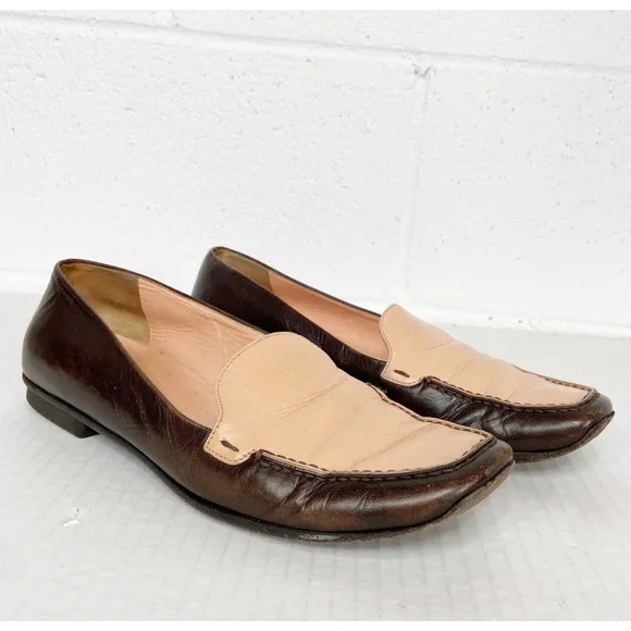 Prada Vintage Slip On Leather Loafers Pink Brown Two Tone Womens Size 38