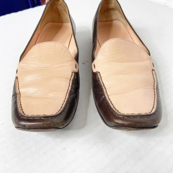 Prada Vintage Slip On Leather Loafers Pink Brown Two Tone Womens Size 38