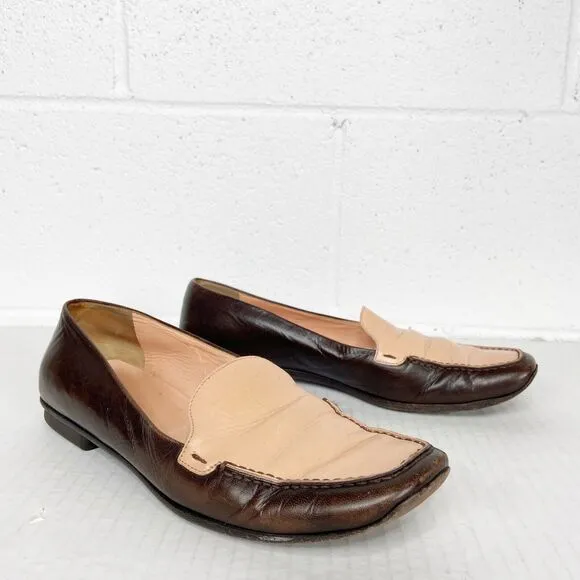 Prada Vintage Slip On Leather Loafers Pink Brown Two Tone Womens Size 38