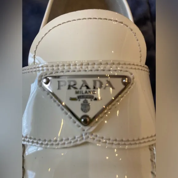 Prada White Patent Leather Loafers w/Logo US Size 7 EU 37