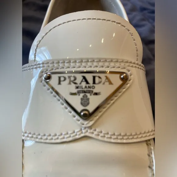 Prada White Patent Leather Loafers w/Logo US Size 7 EU 37