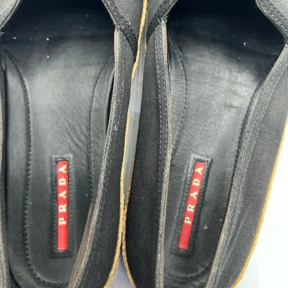 Prada Women 39.5 US 9.5 Sport Slip On Loafers Black Jute Canvas Espadrilles Flat