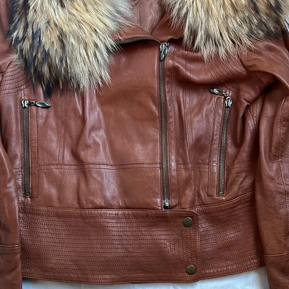Preston &amp;York women’s brown leather and fur jacket szM