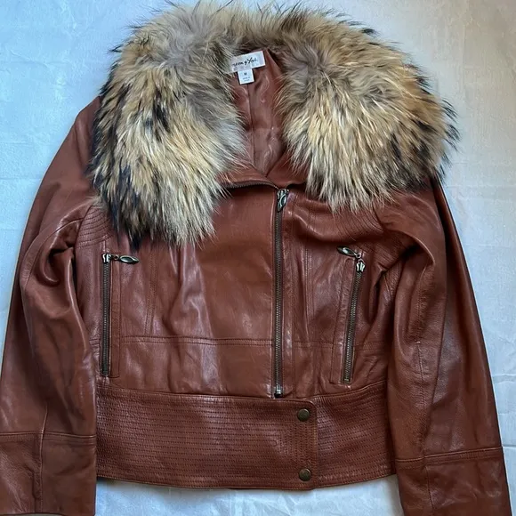 Preston &amp;York women’s brown leather and fur jacket szM