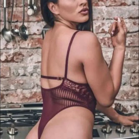 Purple bodysuit one piece lace lingerie strappy high cut thong​​​​​​​​​
