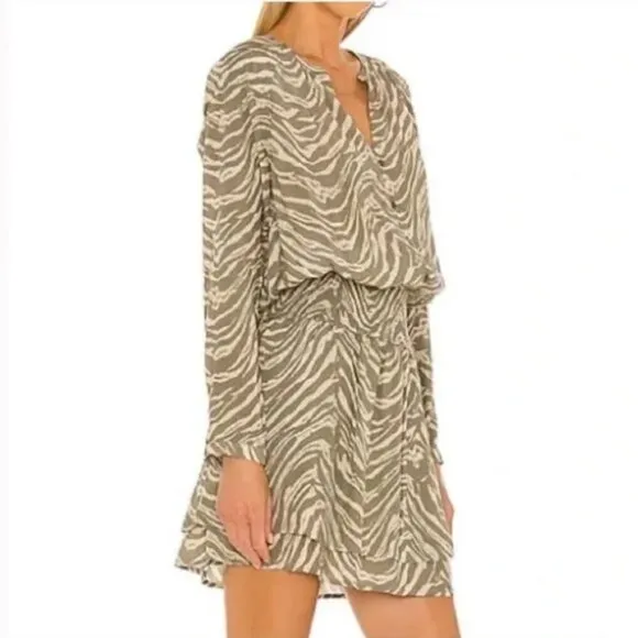 Rails Jasmine Beige Safari Wild Cat‎ Long Sleeve Smocked Waist Mini Dress Small
